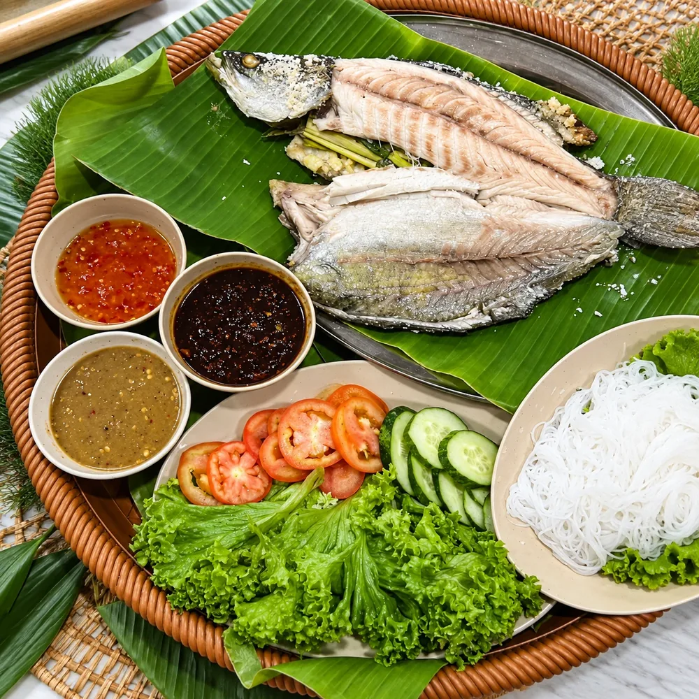 Miang Pla Ikan Siakap — ikan siakap bakar garam dengan sambal cicah, sayur dan bihun