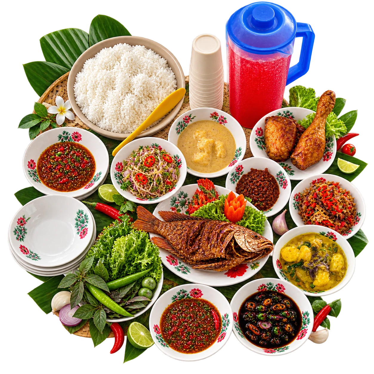 Hidangan Set Menu Berkumpulan Kafe Santai D'Sungai Derga — nasi, ikan goreng, ayam dan pelbagai lauk